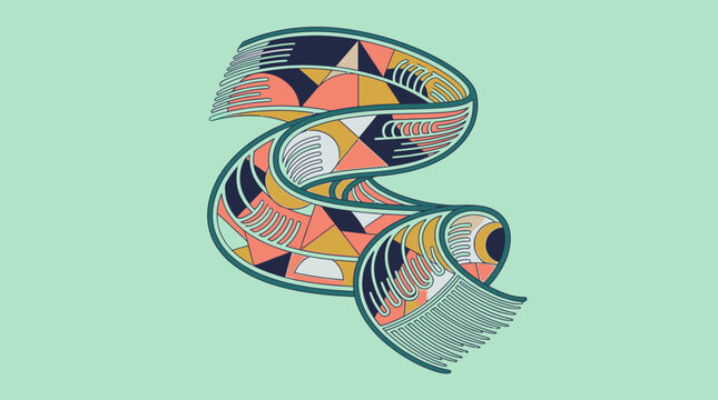 Illustration abstraite d'une &eacute;charpe torsad&eacute;e orn&eacute;e de motifs g&eacute;om&eacute;triques color&eacute;s sur fond vert menthe.
