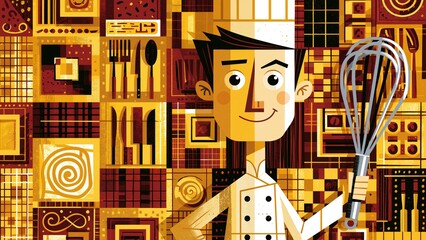 Naklejka premium Smiling chef holds whisk against geometric food pattern background.