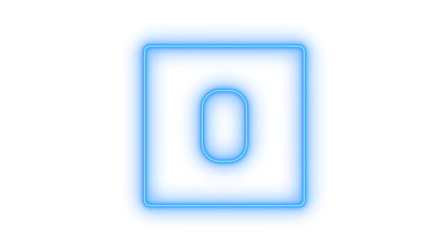 Glowing neon zero number icon isolated on transparent background. Blue digit 0. Countdown timer. Scoreboard numeral. Square frame button. Tech UI element.
