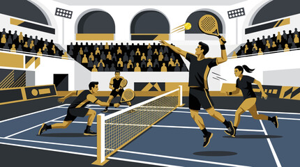 Obraz premium Dynamic Padel Tennis Match In Modern Indoor Stadium With Spectators Watching Energetically