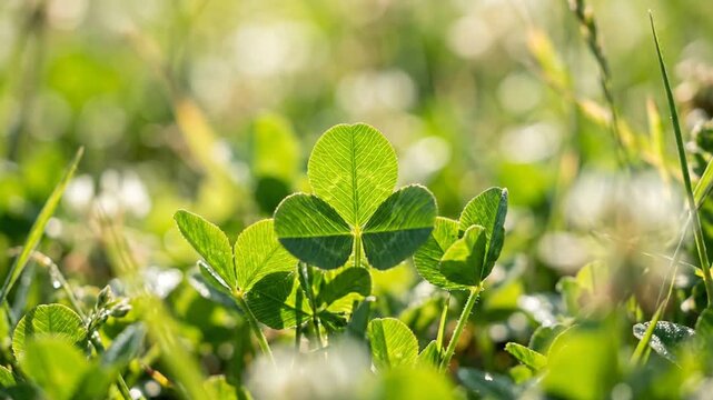 Green clover leaves backlit by sunlight in a lush field