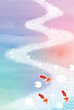 Goldfish Swimming in Watercolor Summer Pond Scene