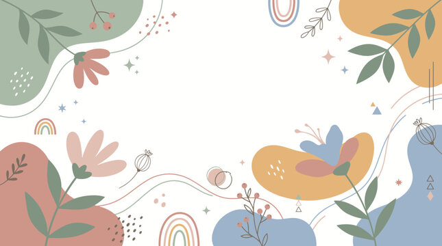 Abstract floral background with organic shapes, minimalist line art flowers, and soft pastel colors, providing a creative and versatile frame for modern graphic design, invitations, and web layouts.