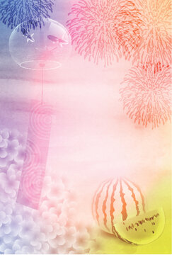 Vibrant Japanese Summer Festival Background with Fireworks and Watermelon
