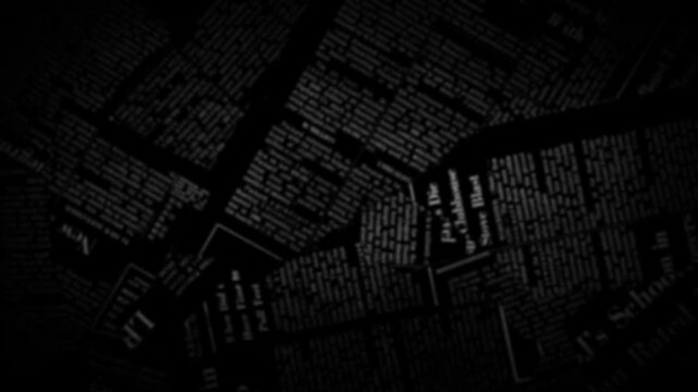 Dark grunge newspaper texture overlay. Mysterious animated background with subtle text columns and noise for horror, crime, or vintage cinematic video editing.Video effect 4k