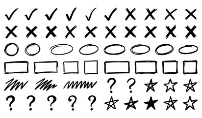 Hand drawn checkmarks crosses symbols and shapes set with checkmarks sketches handwritten selection checklist question © Gopal_Ray