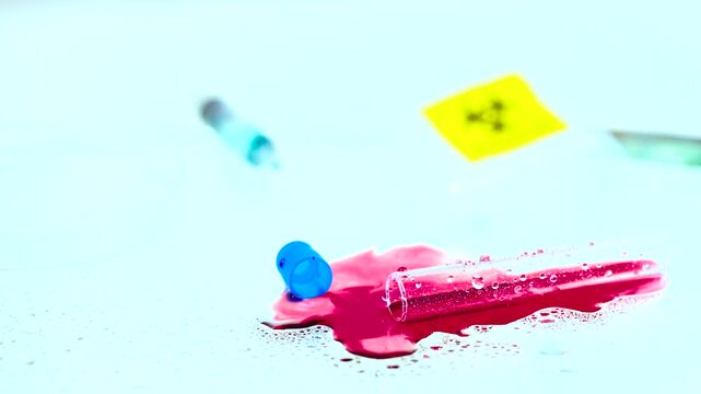 4K video of red blood splash from sample tube, fail sample laboratory background. with copy space 