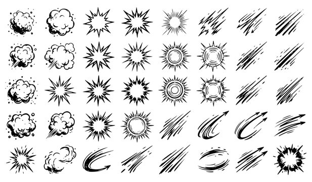 Action comic effects and explosion drawing collection with explosions sketches graphics illustration