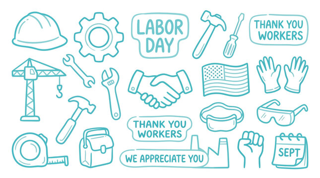 Collection of hand-drawn icons celebrating Labor Day and appreciating workers with tools and symbols of industry.