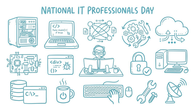 National IT Professionals Day illustration with various technology and computer-related icons and symbols.