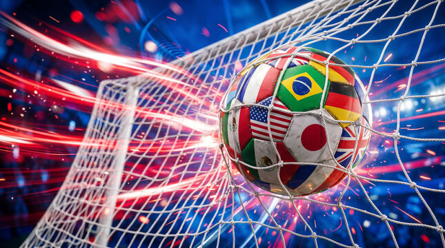 Soccer ball with world flags entering goal net with energetic light trails.