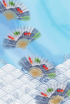 Elegant Japanese Folding Fans with Goldfish and Waves Pattern