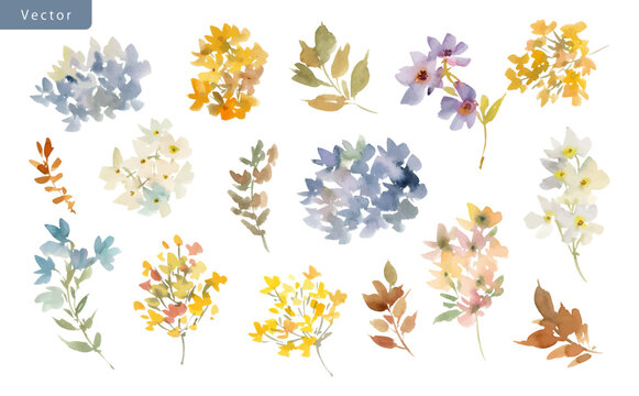 Watercolor Muted Floral Vector Clipart Set with Hydrangeas, Wild Flowers and Leaves for Wedding Invitations, Stationery and Banners