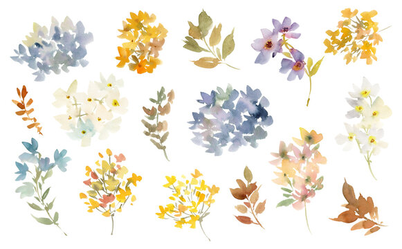 Watercolor Muted Floral Clipart Set with Hydrangeas, Wild Flowers and Leaves for Wedding Invitations, Stationery and Banners