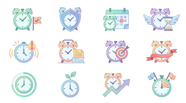 Clocks and cartoon bear illustrations combined.