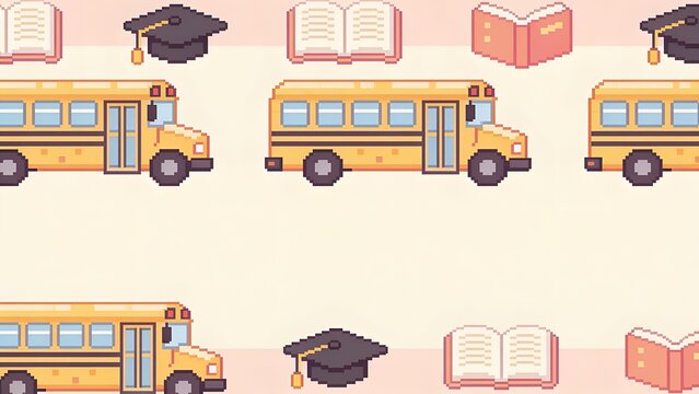 Adorable 8 bit pixel school bus and books border frame template with cream background