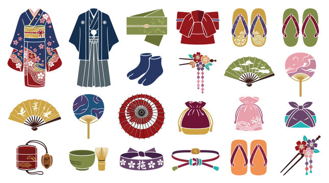 Traditional Japanese Culture Flat Vector Set: Kimono, Fans, Geta, Kanzashi, Tea Tools  Accessories Collection