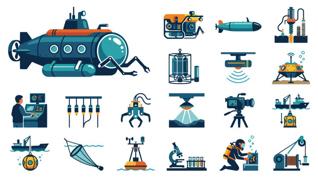 Underwater Technology Flat Vector Icons - Submarine, ROV, Camera, Diver