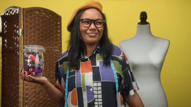 Young african american woman holding jar of thread spools and index finger to forehead in a studio with mannequin and tape measure; playful creativity.