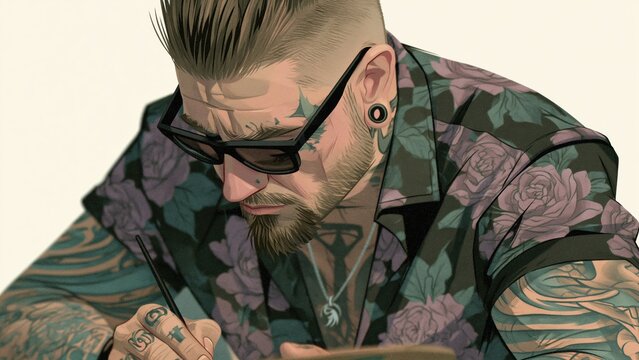 Heavily tattooed artist focuses intensely on drawing pad canvas.