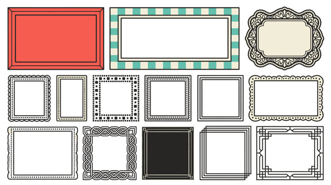 Conjunto de molduras decorativas variadas e bordas ornamentadas em estilo retr&ocirc;, apresentando diversos designs geom&eacute;tricos, cl&aacute;ssicos e modernos para design gr&aacute;fico e projetos criativos.