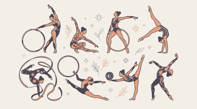 Conjunto de ilustra&ccedil;&otilde;es vetoriais de gin&aacute;stica r&iacute;tmica apresentando atletas femininas em poses din&acirc;micas com arcos, fitas e bolas, estilo art&iacute;stico elegante e minimalista.