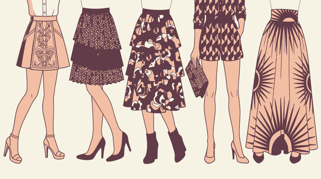Ilustra&ccedil;&atilde;o de moda mostrando cinco modelos femininas vestindo saias e roupas com estampas elegantes e tons terrosos, ideal para cat&aacute;logos de moda, blogs de estilo e design gr&aacute;fico.