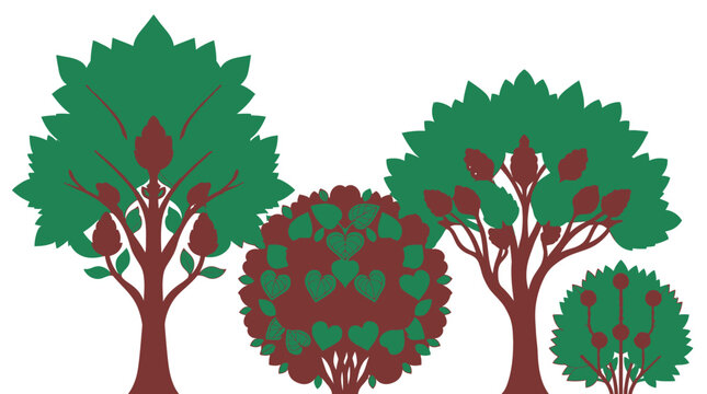 Ilustra&ccedil;&atilde;o vetorial plana de um conjunto de &aacute;rvores e arbustos estilizados com folhas verdes e troncos marrons, isolados sobre um fundo branco, ideal para design gr&aacute;fico e projetos ambientais.