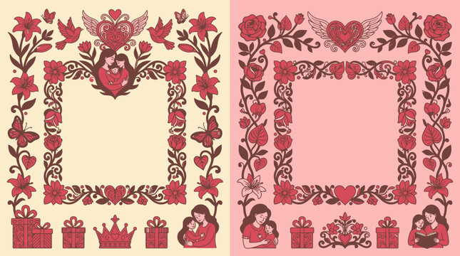 Conjunto de molduras decorativas para o Dia das M&atilde;es com ilustra&ccedil;&otilde;es de cora&ccedil;&otilde;es, flores, p&aacute;ssaros, borboletas e figuras de m&atilde;e e filho em tons de rosa e creme para design rom&acirc;ntico.