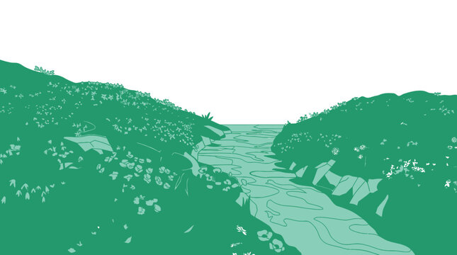 Ilustra&ccedil;&atilde;o vetorial estilizada de uma paisagem natural com colinas verdes e um rio sinuoso fluindo atrav&eacute;s de um vale, apresentando um design minimalista em tons de verde e branco.