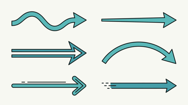 Conjunto de &iacute;cones de setas desenhadas em estilo plano moderno com contornos azul-petr&oacute;leo, ideais para design gr&aacute;fico, navega&ccedil;&atilde;o de interface de usu&aacute;rio e elementos de infografia.