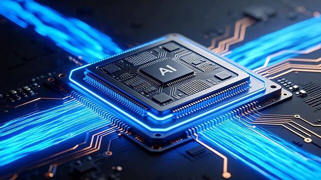 AI chip on circuit board with glowing lines