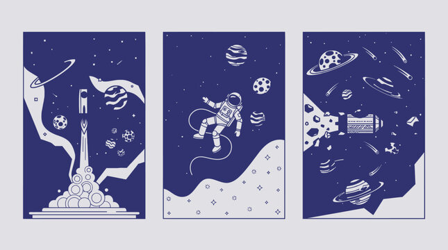 Conjunto de tr&ecirc;s ilustra&ccedil;&otilde;es vetoriais com tem&aacute;tica espacial apresentando um foguete decolando, um astronauta flutuando no espa&ccedil;o sideral e uma nave espacial viajando entre planetas e estrelas.