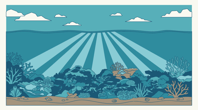 Ilustra&ccedil;&atilde;o vetorial plana de um recife de coral subaqu&aacute;tico com raios de luz atravessando a &aacute;gua azul e nuvens estilizadas no c&eacute;u acima, criando um cen&aacute;rio marinho sereno e decorativo.