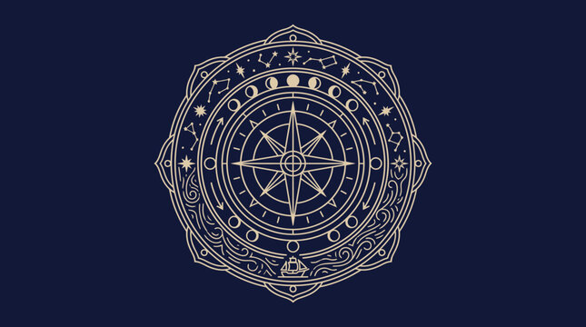 Ilustra&ccedil;&atilde;o vetorial de uma b&uacute;ssola astrol&oacute;gica elegante com fases da lua, constela&ccedil;&otilde;es e elementos celestiais em linhas finas douradas sobre um fundo azul marinho profundo.