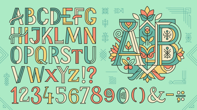 Alfabeto decorativo completo com letras, n&uacute;meros e s&iacute;mbolos em estilo vintage art d&eacute;co, apresentando um design geom&eacute;trico floral elegante e paleta de cores past&eacute;is sobre fundo verde menta.