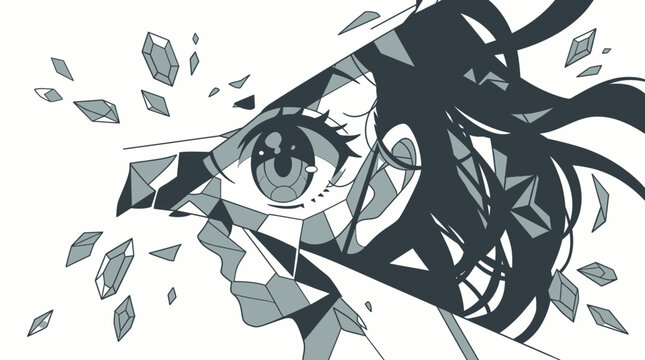 Ilustra&ccedil;&atilde;o art&iacute;stica em estilo anime de um rosto feminino fragmentado em peda&ccedil;os de vidro ou cristal, com um olhar expressivo e detalhes geom&eacute;tricos em preto e branco sobre fundo branco.