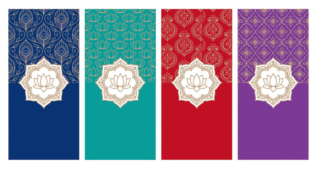 Conjunto de quatro fundos verticais com padr&otilde;es ornamentais indianos e l&oacute;tus estilizado em molduras circulares, em cores vibrantes.