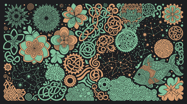 Ilustra&ccedil;&atilde;o abstrata com elementos florais, engrenagens e um peixe em tons de verde e laranja sobre fundo preto, com detalhes de constela&ccedil;&otilde;es.