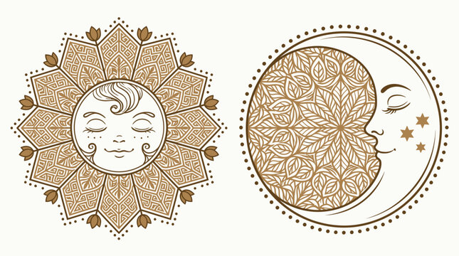Ilustra&ccedil;&otilde;es de sol e lua com rostos serenos e padr&otilde;es intrincados em estilo mandala, em tons de marrom sobre fundo branco.
