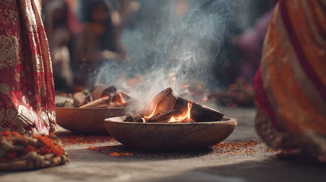 Close up of ritual fire burning in a clay bowl.
