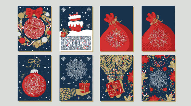 Eine Sammlung von acht dekorativen Weihnachtskarten mit festlichen Illustrationen wie Geschenken, Schneeflocken, Weihnachtskugeln und winterlichen Motiven in einem eleganten flachen Designstil.