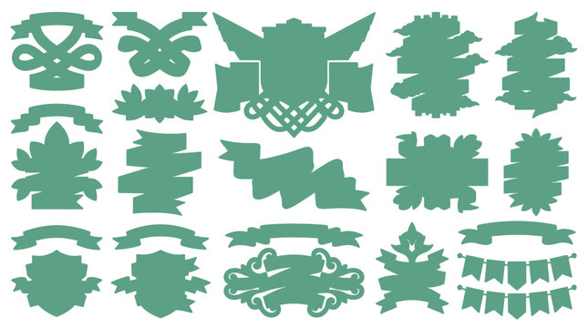 Eine Sammlung von verschiedenen gr&uuml;nen Vintage-Banner- und Wappen-Silhouetten f&uuml;r dekorative Designs, Etiketten, Einladungen und grafische Gestaltungselemente auf wei&szlig;em Hintergrund.