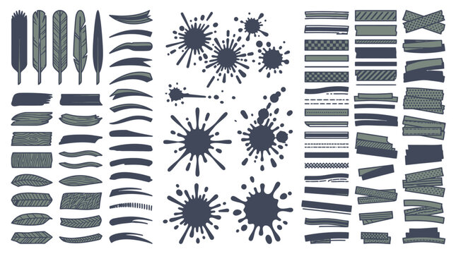 Eine umfangreiche Sammlung von handgezeichneten Pinselstrichen, Tintenklecksen und grafischen Elementen in Dunkelblau auf wei&szlig;em Hintergrund f&uuml;r kreative Designprojekte.
