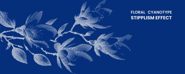 Floral cyanotype stipplism effect with white magnolia flowers on a deep blue background, artistic dotwork illustration of botanical branch © MDMahmudul