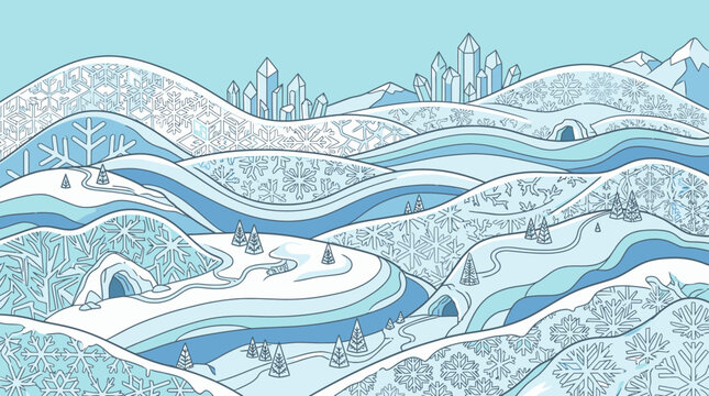 Eine wundersch&ouml;ne, handgezeichnete Winterlandschaft mit verschneiten H&uuml;geln, Eiskristallen, Tannenb&auml;umen und einem magischen Schloss im Hintergrund in einem dekorativen Stil.