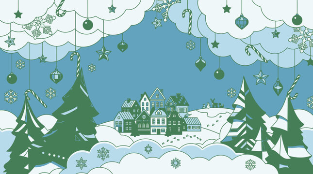 Eine festliche Illustration einer verschneiten Winterlandschaft mit einem kleinen Dorf, Tannenb&auml;umen und h&auml;ngenden Weihnachtsdekorationen in einem modernen, flachen Designstil.