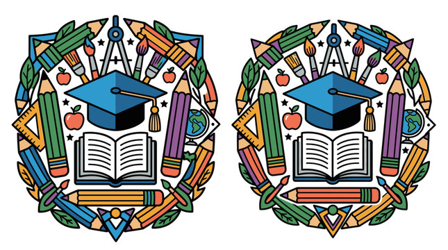 Zwei runde, farbenfrohe Illustrationen zum Thema Bildung mit Doktorhut, offenem Buch, Stiften, Pinseln und Geometrie-Werkzeugen im flachen Vektor-Design f&uuml;r Schul- und Lernkonzepte.