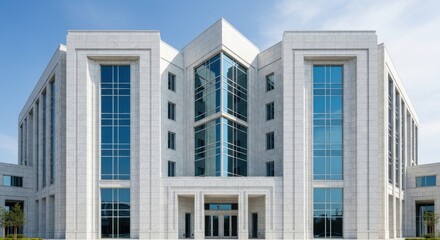 Obraz premium Classic Neoclassical Corporate Office Building Facade with Glass Windows