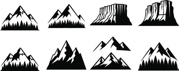 Fototapeta premium Mountain peak silhouettes with evergreen forest, rocky mesa range icons, outdoor adventure landscape elements, nature travel graphics, hiking and climbing vector, minimalist wilderness shapes